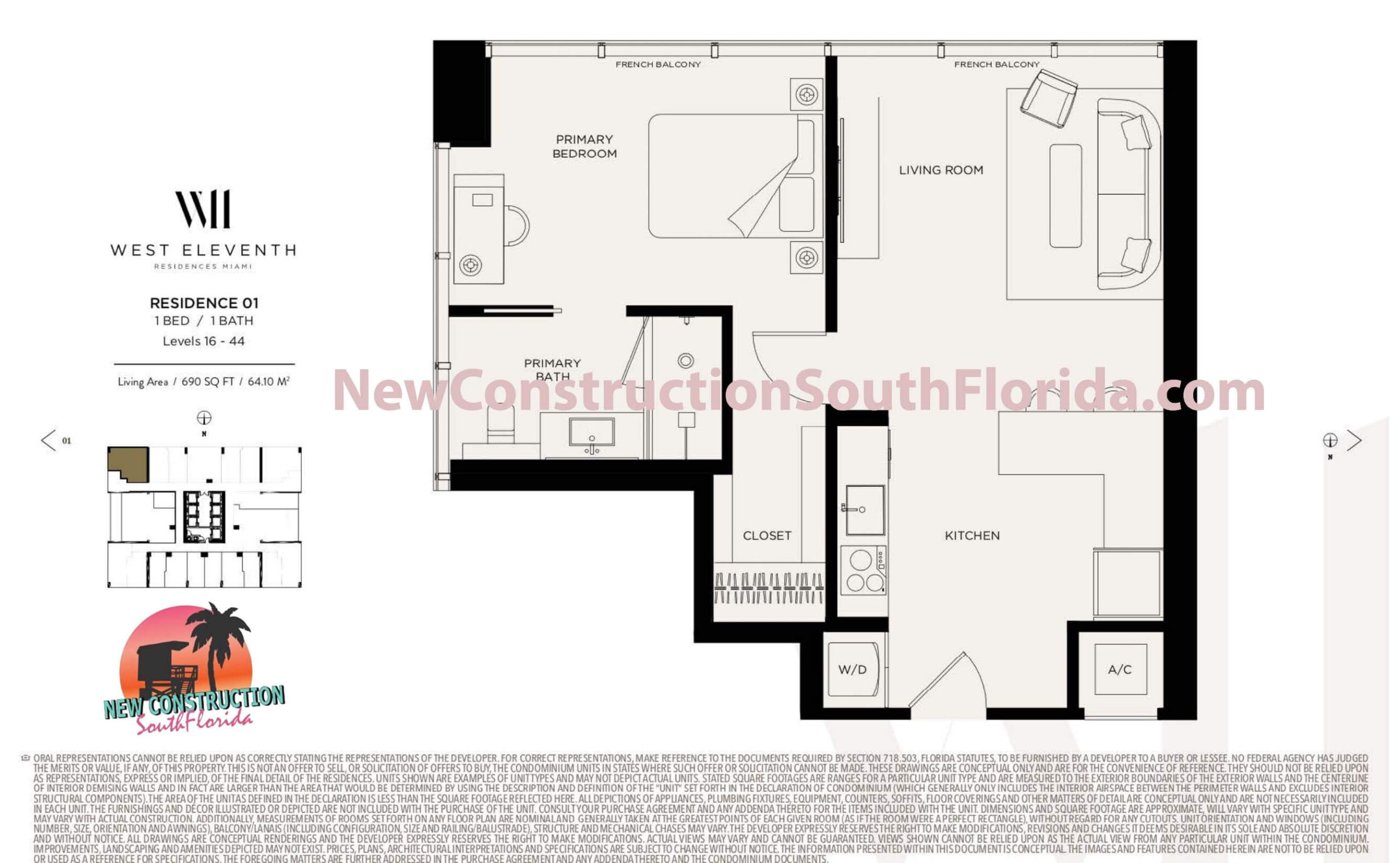 West Eleventh Floor Plan, Residence 01, Level 16-44